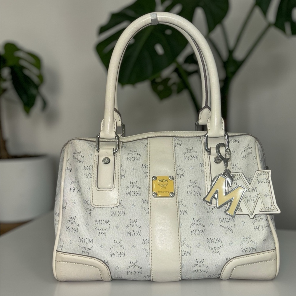 MCM Cream Logo Satchel with Gold Plaque and Charm